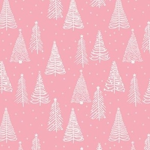 Small - White Winter Christmas trees on Pink with stars snowflakes and decorations