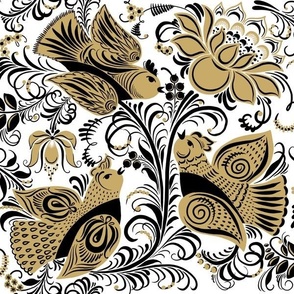 Folk Art Birds and Flowers Half Drop Repeat Middle Size - Golden White