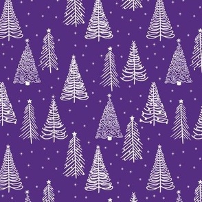 White Winter Christmas trees on Violet Purple with stars snowflakes and decorations - SMALL SCALE
