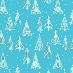 White Winter Christmas trees on Blue with stars snowflakes and decorations - SMALL SCALE