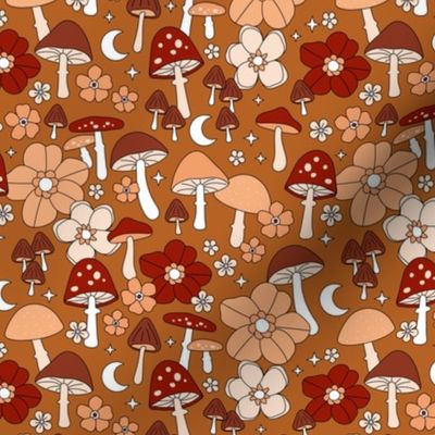 Groovy retro autumn garden - toadstools flowers and mushroom forest vintage Scandinavian design blush orange red brown seventies palette  
