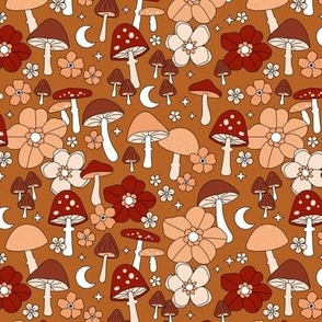 Groovy retro autumn garden - toadstools flowers and mushroom forest vintage Scandinavian design blush orange red brown seventies palette  