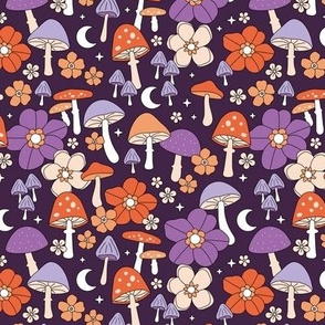 Groovy retro autumn garden - toadstools flowers and mushroom forest vintage Scandinavian design blush orange lilac purple moon and stars halloween palette  