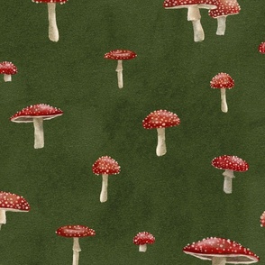 Medium scale scattered toadstool mushrooms on a dark green background 
