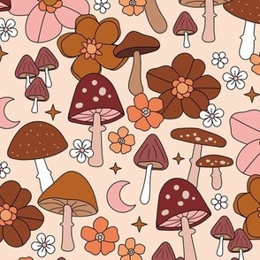 Groovy retro autumn garden - toadstools flowers and mushroom forest vintage Scandinavian design blush pink rust orange seventies palette on cream LARGE wallpaper 