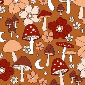 Groovy retro autumn garden - toadstools flowers and mushroom forest vintage Scandinavian design blush orange red brown seventies palette LARGE wallpaper 