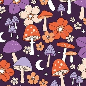 Groovy retro autumn garden - toadstools flowers and mushroom forest vintage Scandinavian design blush orange lilac purple moon and stars halloween palette LARGE wallpaper 