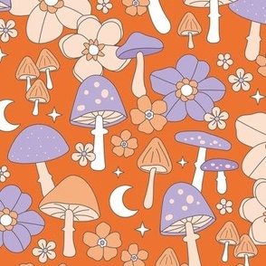 Groovy retro autumn garden - toadstools flowers and mushroom forest vintage Scandinavian design blush orange lilac purple moon and stars halloween palette on tangerine orange LARGE WALLPAPER 