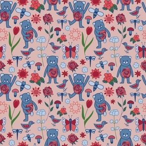 Big Scale Playful Blue Bears with Flowers, Insects and Mushrooms on Pink Background