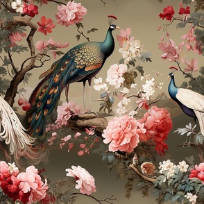 Peacocks and White Flowers Asian Style Wallpaper Japanese Art Blossom and  Peacock Wall Mural Home Decor Wall Art 