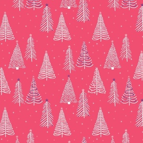Small - White Winter Christmas trees on Hot Pink with stars snowflakes and Purple decorations
