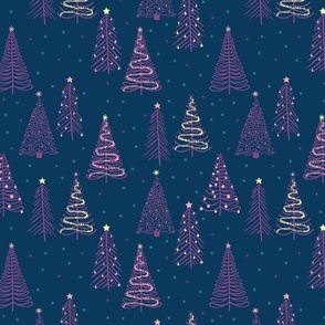 Purple Winter Christmas trees on Navy with stars snowflakes and decorations - SMALL SCALE
