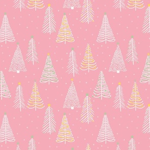 Small - White Winter Christmas trees on Pink with stars snowflakes and Yellow decorations 