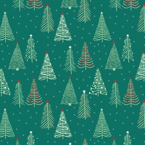 Green Winter Christmas trees on Teal with stars snowflakes and decorations - SMALL SCALE