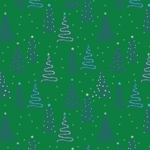 Blue Winter Christmas trees on Green with stars snowflakes and decorations - SMALL SCALE