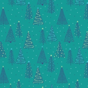 Blue Winter Christmas trees on Aqua with stars snowflakes and decorations - SMALL SCALE