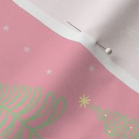 Small - Green Winter Christmas trees on Pink with stars, snowflakes and decorations