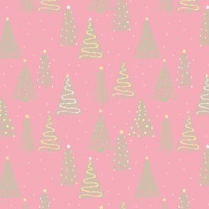 Small - Green Winter Christmas trees on Pink with stars, snowflakes and decorations
