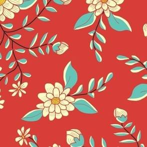 Floral Abundance Pale Yellow Flowers with Turquoise on Red