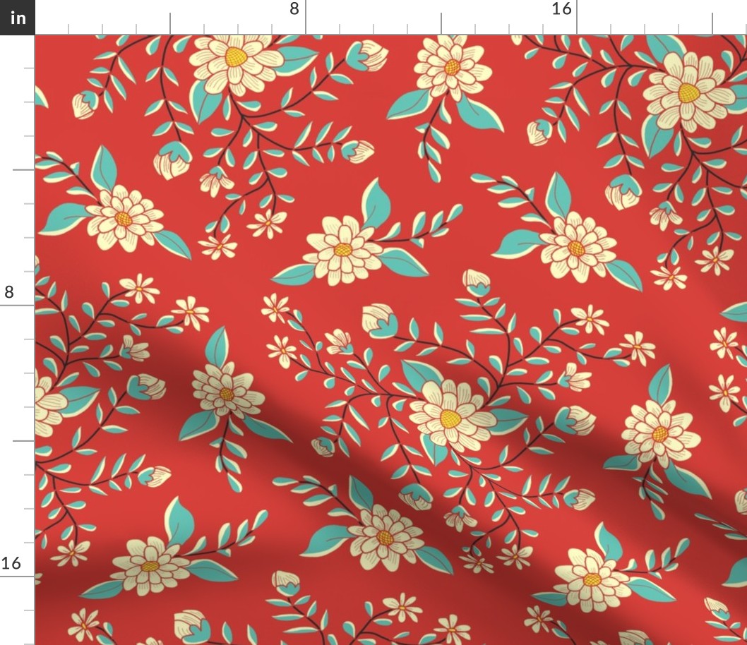 Floral Abundance Pale Yellow Flowers with Turquoise on Red