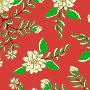 Floral Abundance Pale Yellow Flowers with Christmas Green on Red