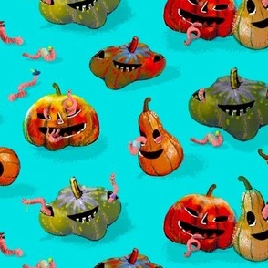 Spooky colorful Pumpkin and Worms Halloween Party on Turquoise