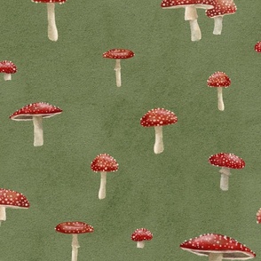Medium scale scattered toadstool mushrooms on a light green background 
