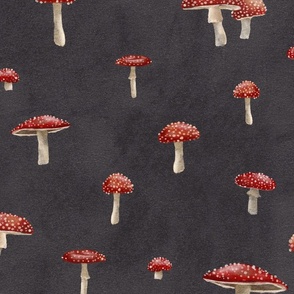 Medium scale scattered toadstool mushrooms on a slate gray background 