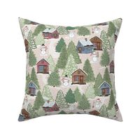 Cozy Rustic Cabin in Woods Snowman-Neutral brown SMALL