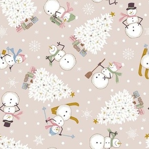 (S) Winter seasonal landscape with snowmen on Beige