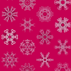 Calligraphic Christmas snowflakes on cranberry red