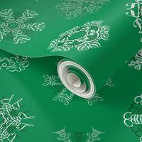 Calligraphic Christmas snowflakes on holly green