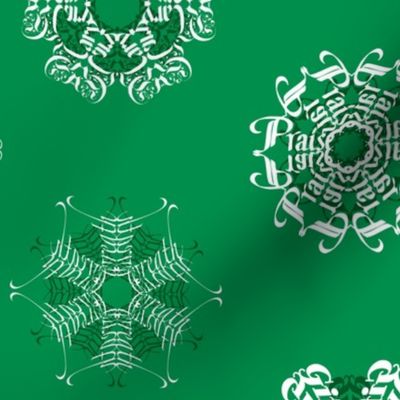 Calligraphic Christmas snowflakes on holly green