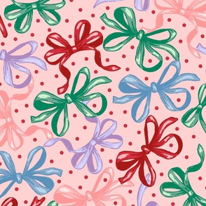  vintage dots & ribbon bows in jewel tones on pink/MEDIUM