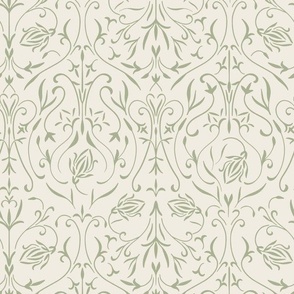 damask 02 - creamy white _ light sage green 02 - traditional wallpaper