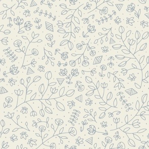 flowers and shapes - creamy white _ french grey blue - small scale hand drawn floral