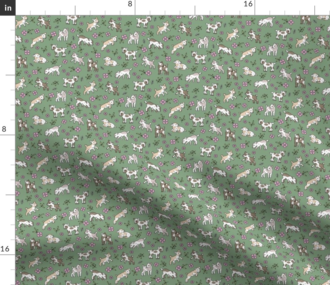 Cute baby goats - sweet farm animals flowers leaves and goat design spring summer pink on olive green SMALL