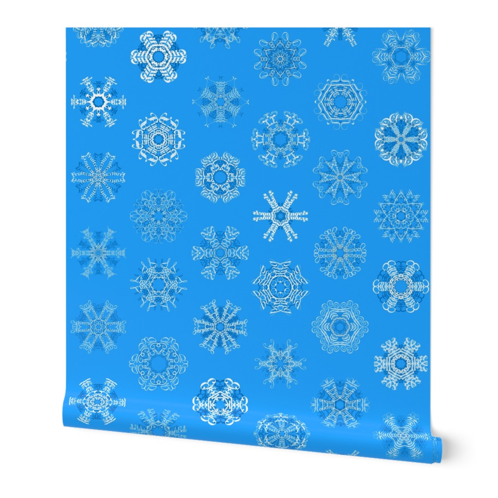 Calligraphic Christmas snowflakes on ice blue