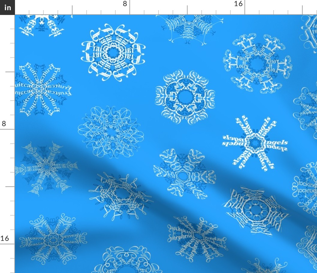 Calligraphic Christmas snowflakes on ice blue