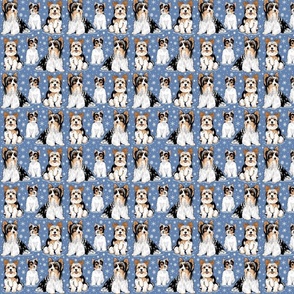Biewer terriers on blue with snowflakes 4 inch 
