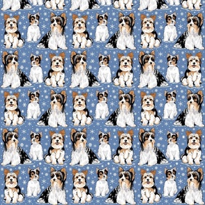 Biewer terriers on blue with snowflakes 6 inch 