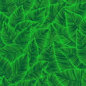 Palm Leaves Dark Green on Kelly Green / Tropical Exotic Dense Leaves / Botanicals - Medium