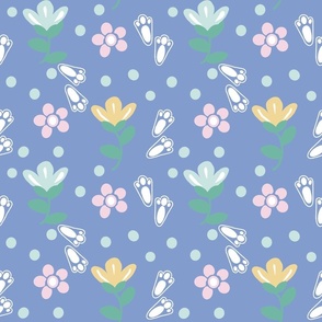 Spring Bunny Footprints among the Flowers in BLUE