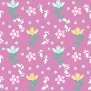 Spring Bunny Footprints among the Flowers in PINK