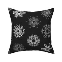 Calligraphic Christmas snowflakes on black