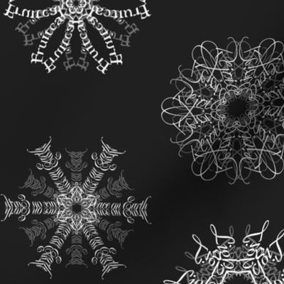 Calligraphic Christmas snowflakes on black