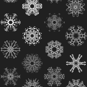 Calligraphic Christmas snowflakes on black