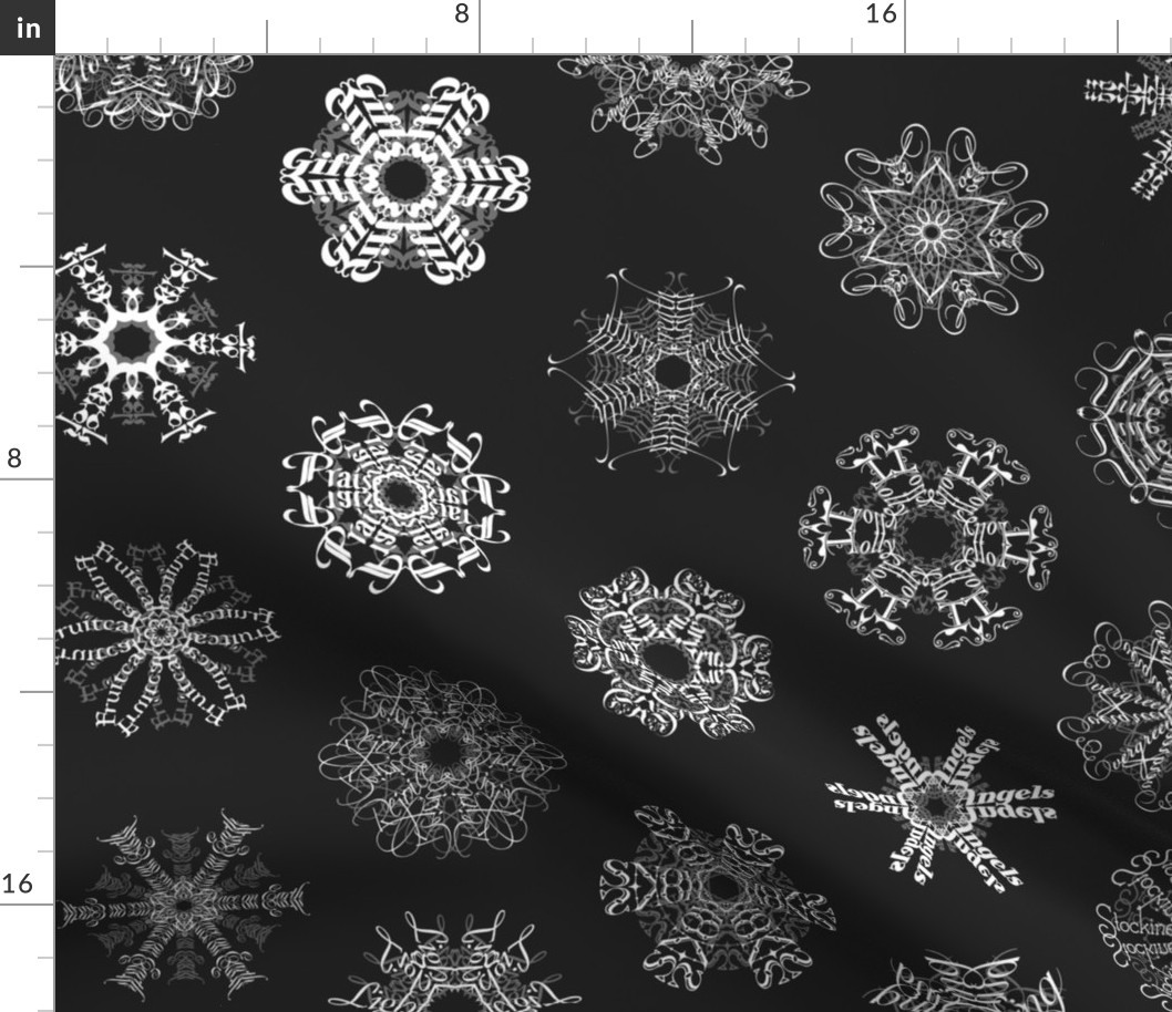 Calligraphic Christmas snowflakes on black