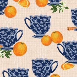 Cottage Blue China Tea Cups and Oranges 