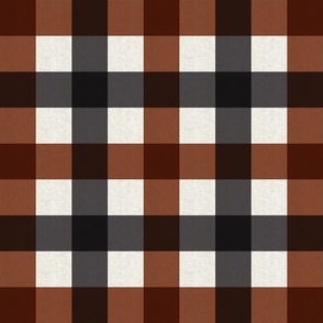 Medium scale rustic plaid check in earthy warm chestnut brown and slate gray with a vintage linen texture 